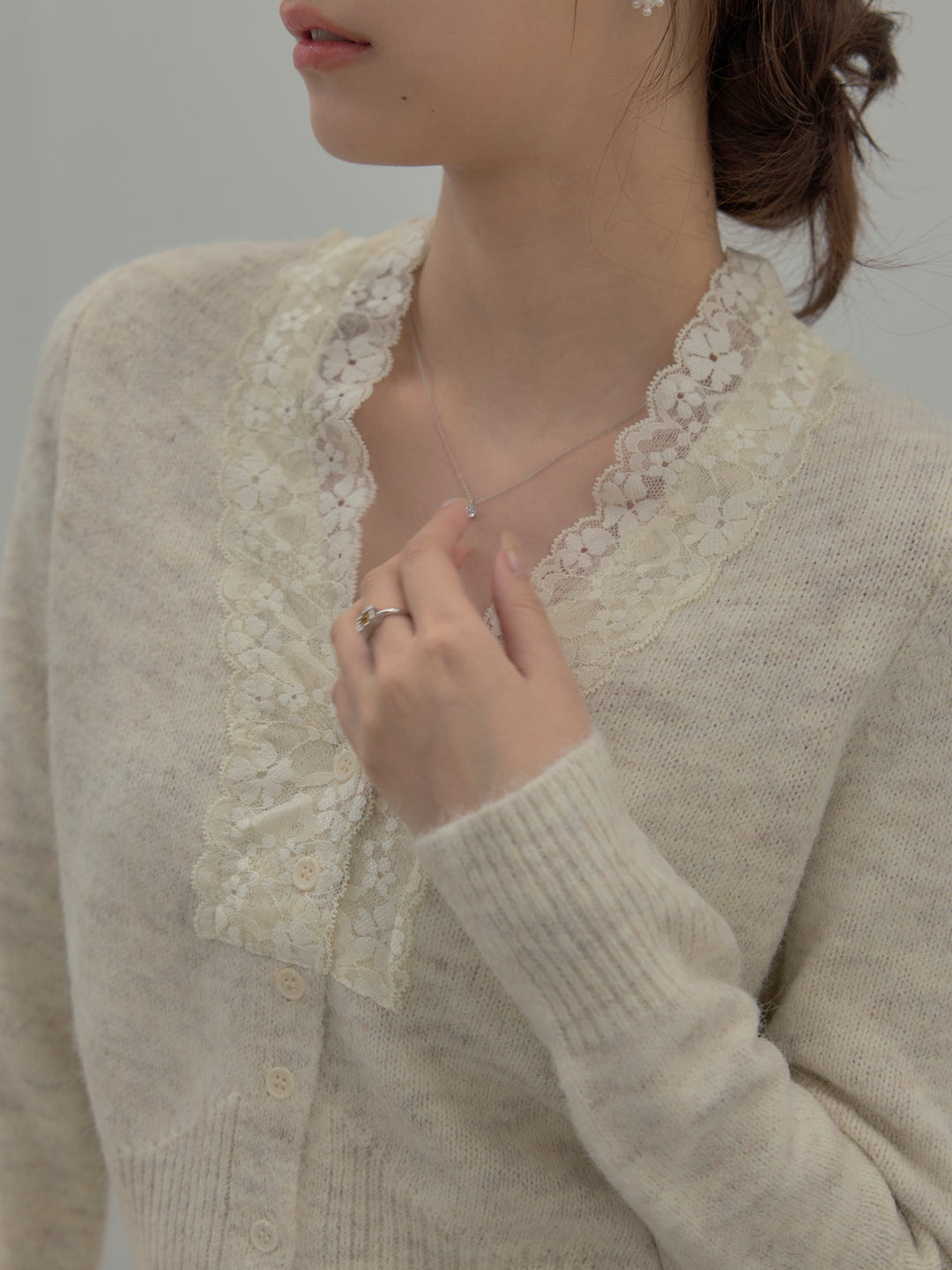 【SET】レース襟ニットトップス+【Essential】センタープレスサテンパンツ(2set)