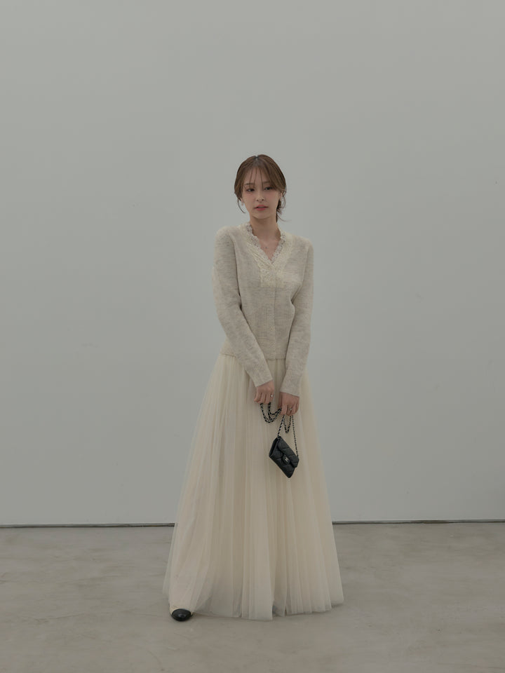 【SET】レース襟ニットトップス+ボリュームチュールスカート(2set)