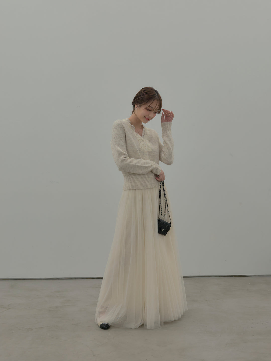 【SET】レース襟ニットトップス+ボリュームチュールスカート(2set)
