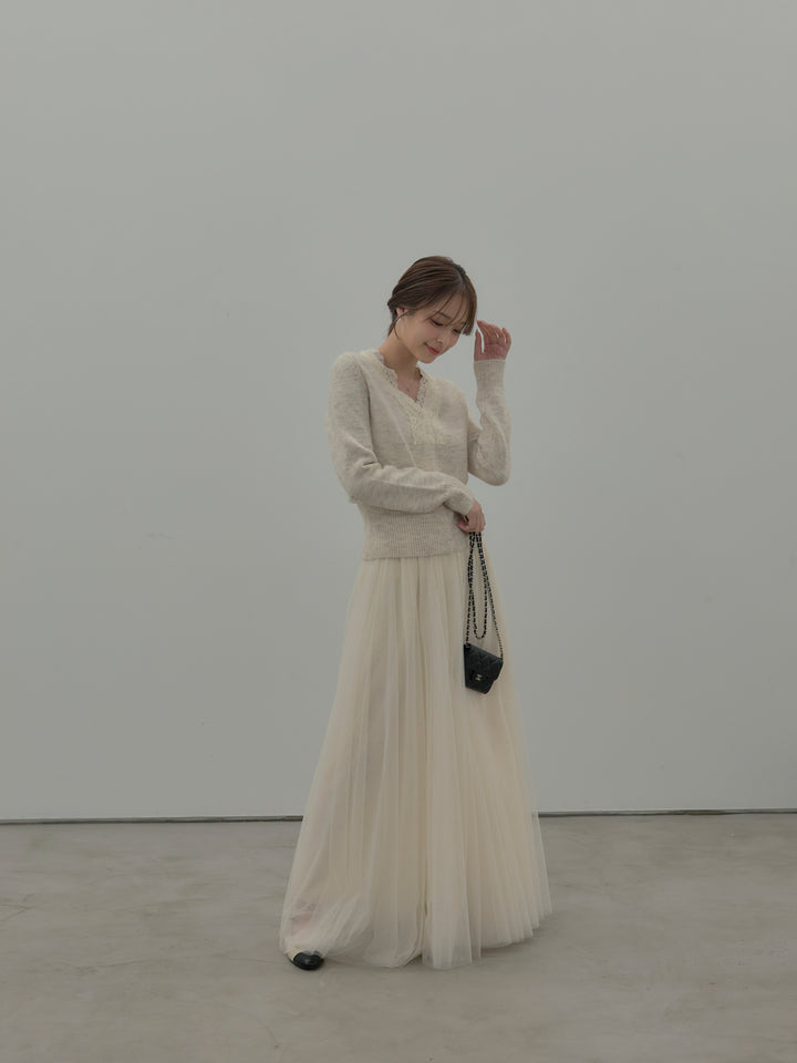 【SET】レース襟ニットトップス+ボリュームチュールスカート(2set)