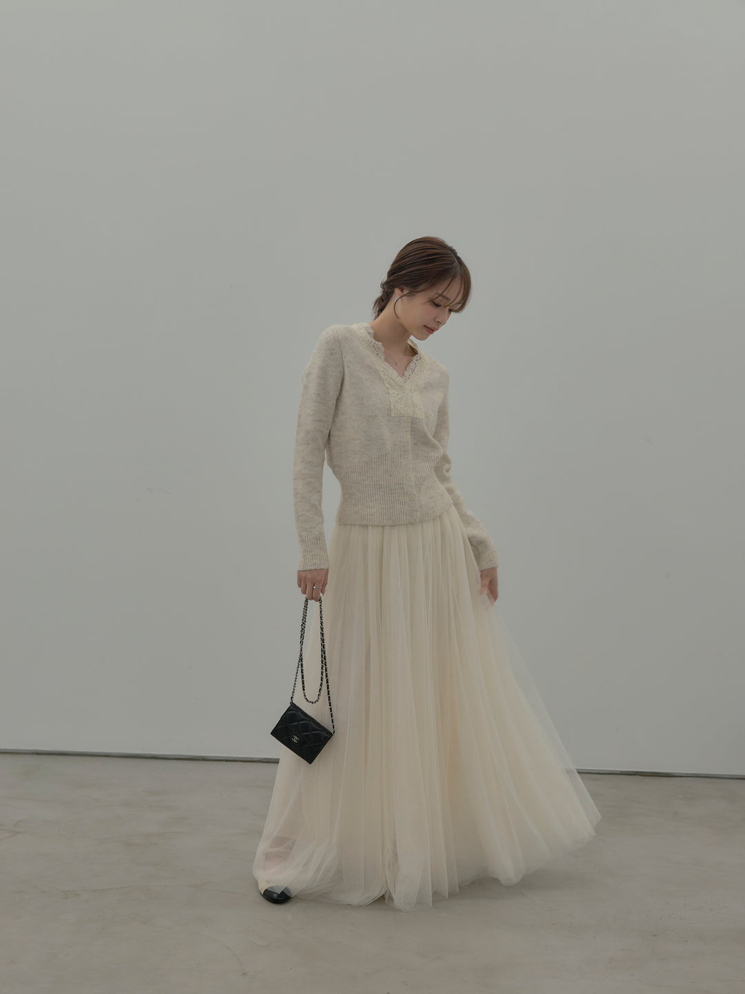 【SET】レース襟ニットトップス+ボリュームチュールスカート(2set)