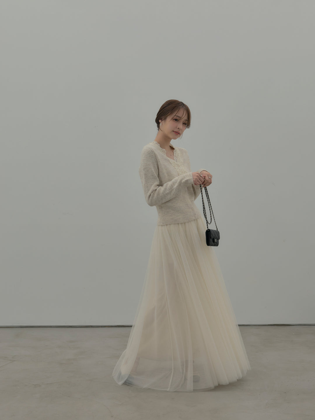 【SET】レース襟ニットトップス+ボリュームチュールスカート(2set)