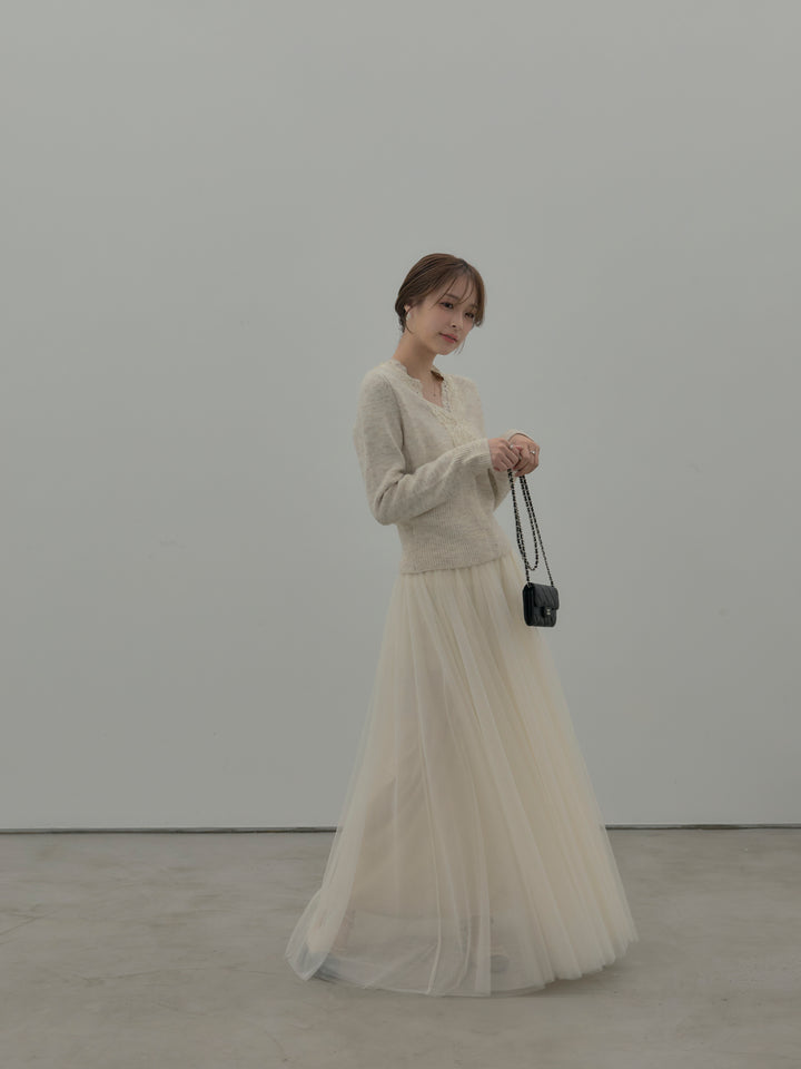 【SET】レース襟ニットトップス+ボリュームチュールスカート(2set)