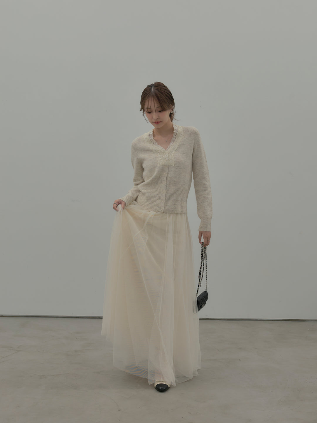 【SET】レース襟ニットトップス+ボリュームチュールスカート(2set)