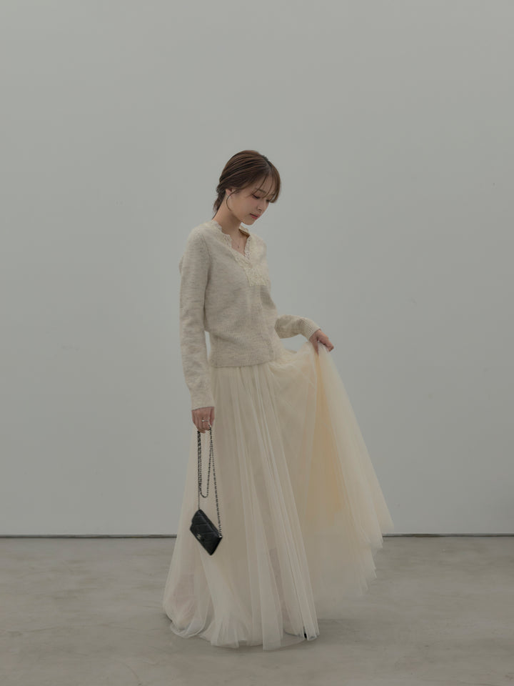 【SET】レース襟ニットトップス+ボリュームチュールスカート(2set)