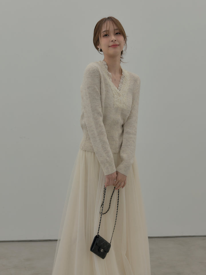 【SET】レース襟ニットトップス+ボリュームチュールスカート(2set)