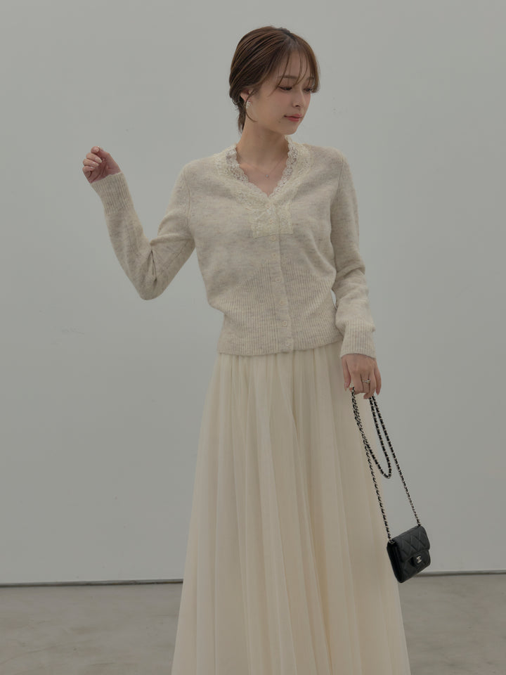【SET】レース襟ニットトップス+ボリュームチュールスカート(2set)