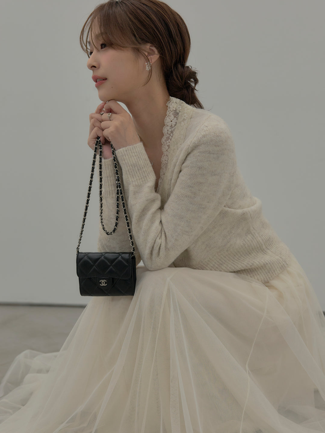 【SET】レース襟ニットトップス+ボリュームチュールスカート(2set)