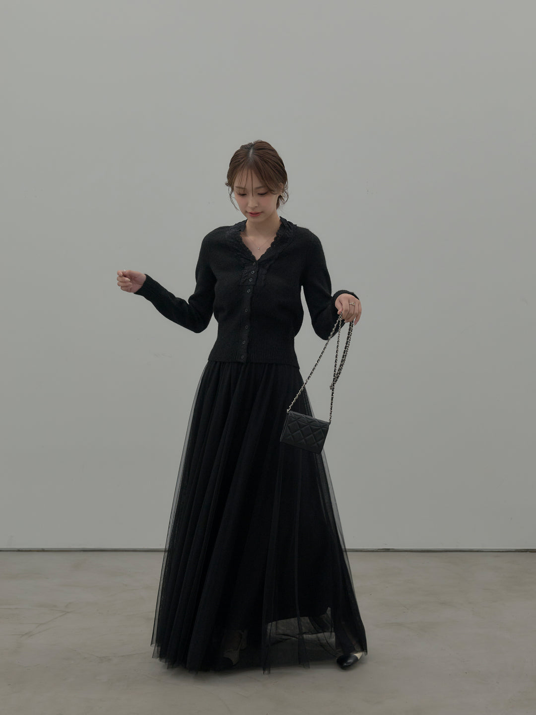 【SET】レース襟ニットトップス+ボリュームチュールスカート(2set)