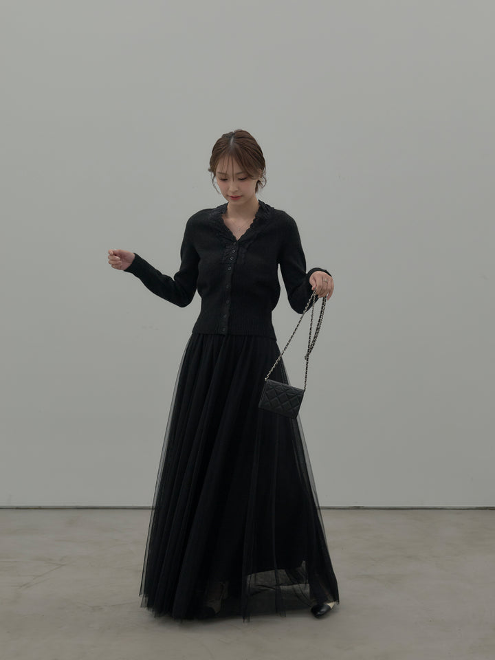 【SET】レース襟ニットトップス+ボリュームチュールスカート(2set)