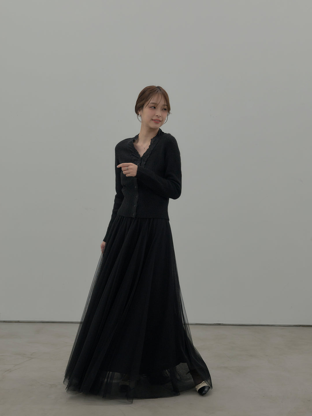 【SET】レース襟ニットトップス+ボリュームチュールスカート(2set)