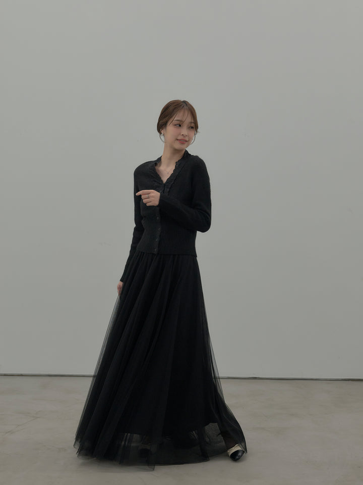 【SET】レース襟ニットトップス+ボリュームチュールスカート(2set)