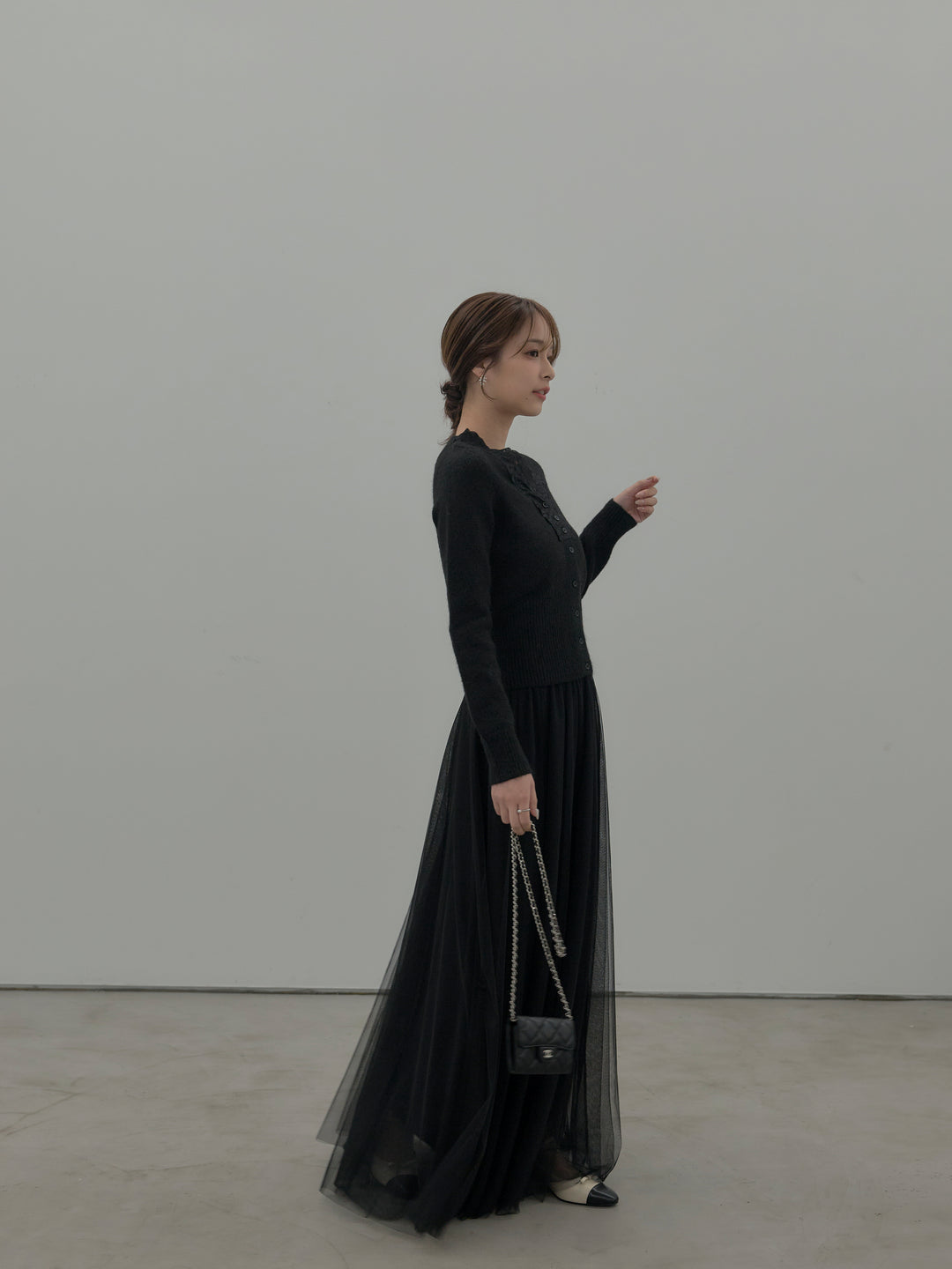 【SET】レース襟ニットトップス+ボリュームチュールスカート(2set)