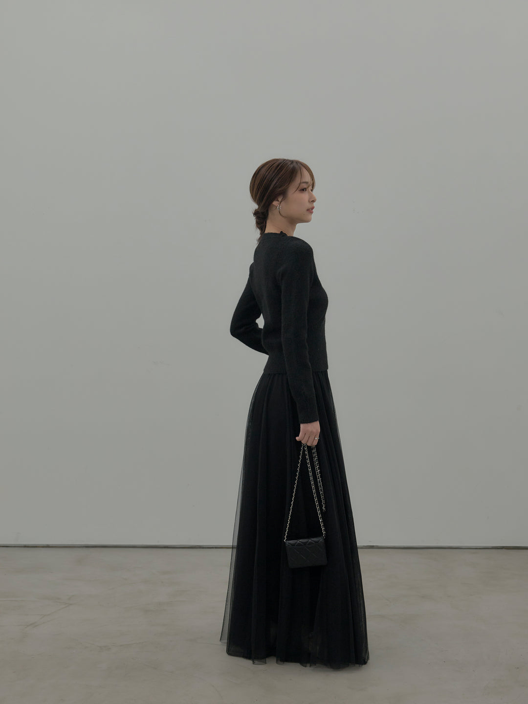 【SET】レース襟ニットトップス+ボリュームチュールスカート(2set)