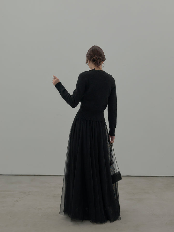 【SET】レース襟ニットトップス+ボリュームチュールスカート(2set)