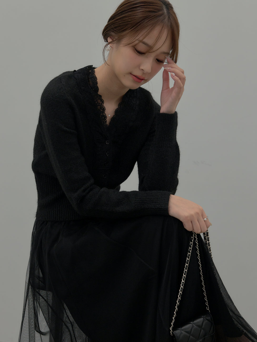 【SET】レース襟ニットトップス+ボリュームチュールスカート(2set)