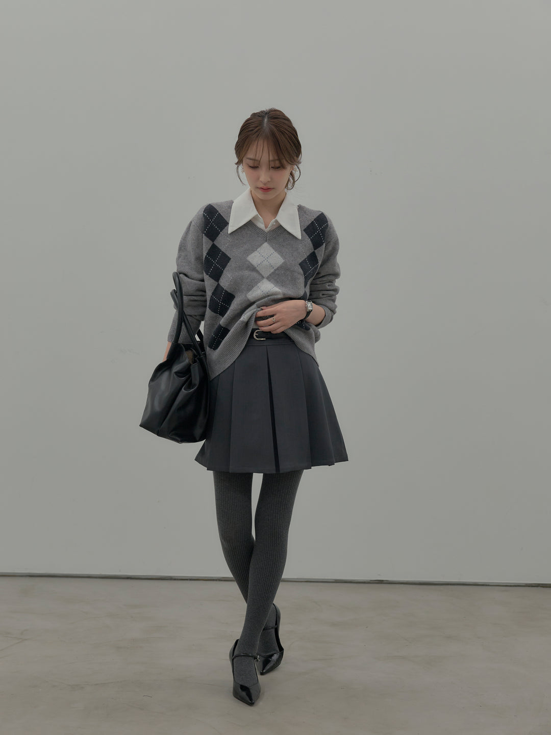 【SET】アーガイル柄Vネックニットプルオーバー+ベルト付きプリーツミニスカート(2set)