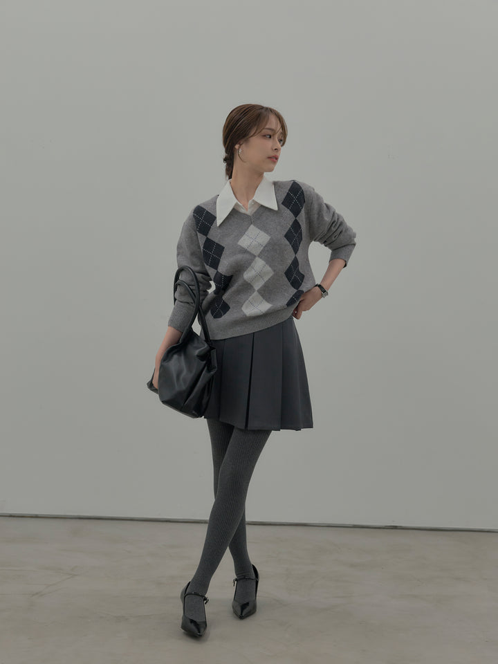 【SET】アーガイル柄Vネックニットプルオーバー+ベルト付きプリーツミニスカート(2set)