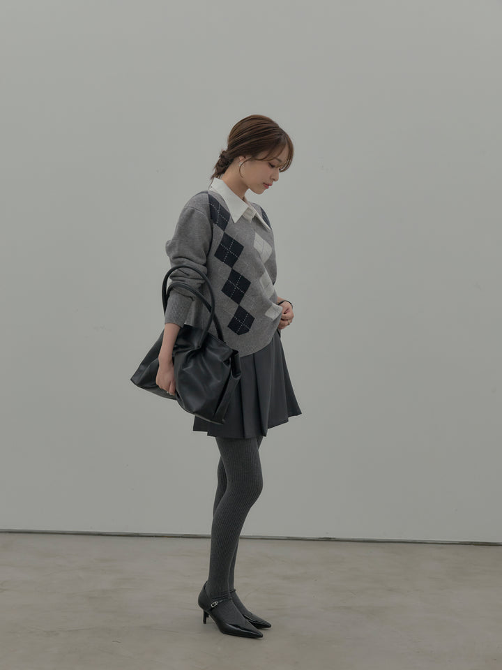 【SET】アーガイル柄Vネックニットプルオーバー+ベルト付きプリーツミニスカート(2set)