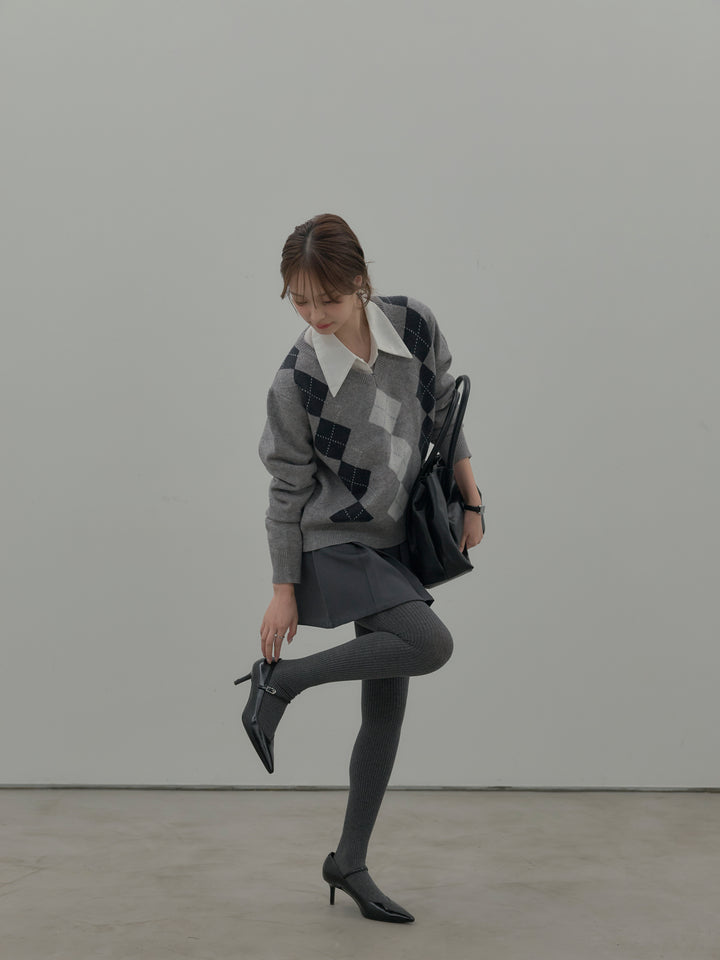 【SET】アーガイル柄Vネックニットプルオーバー+ベルト付きプリーツミニスカート(2set)