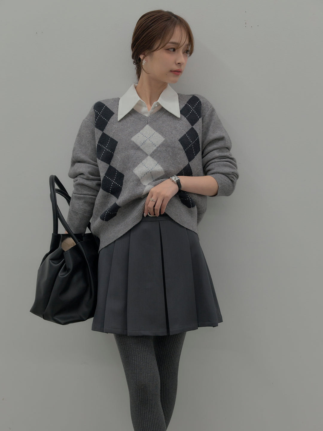 【SET】アーガイル柄Vネックニットプルオーバー+ベルト付きプリーツミニスカート(2set)