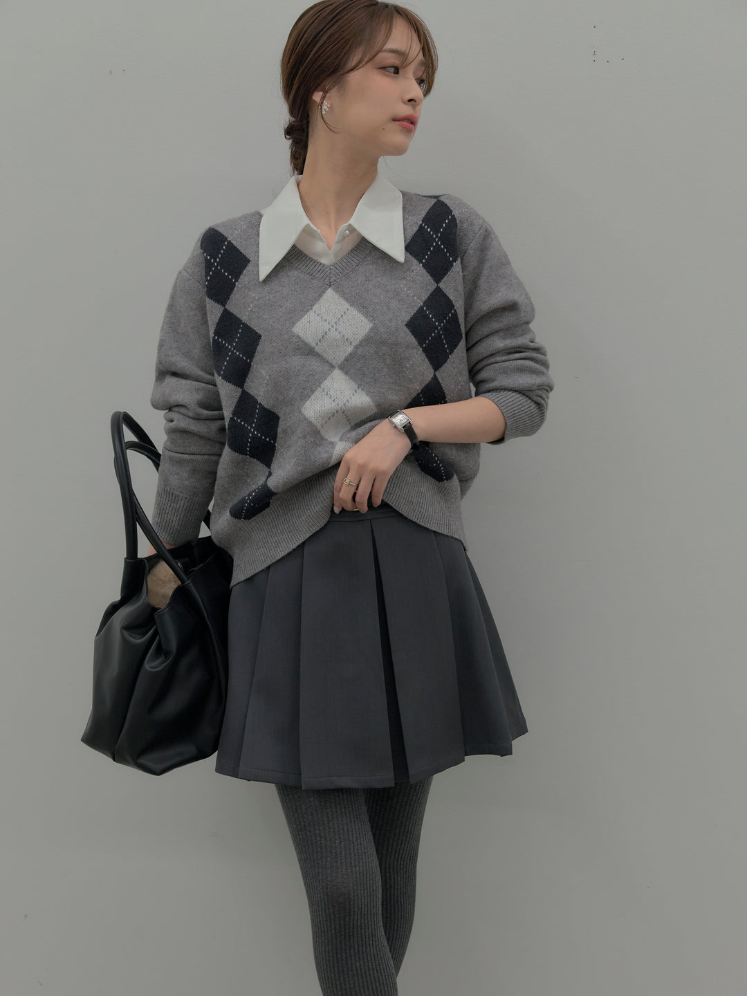 アーガイル柄Vネックニットプルオーバー