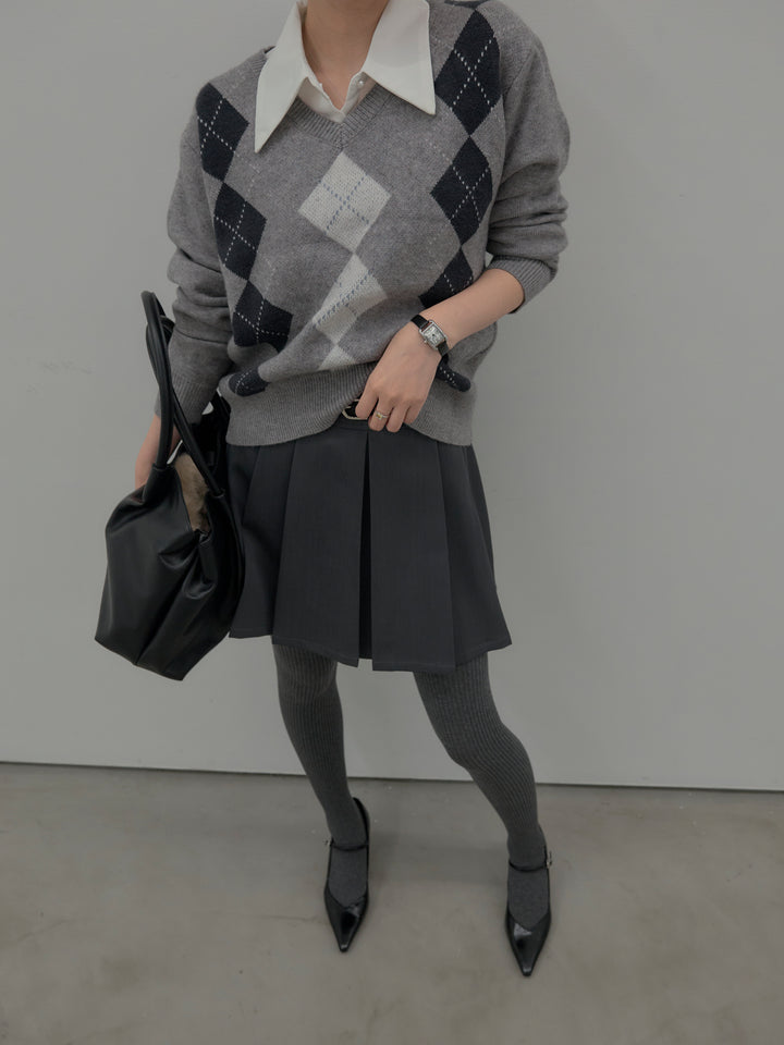【SET】アーガイル柄Vネックニットプルオーバー+ベルト付きプリーツミニスカート(2set)