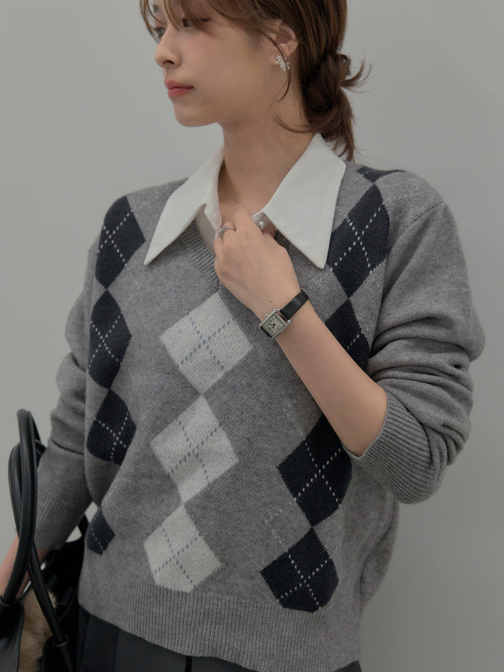 【SET】アーガイル柄Vネックニットプルオーバー+ベルト付きプリーツミニスカート(2set)