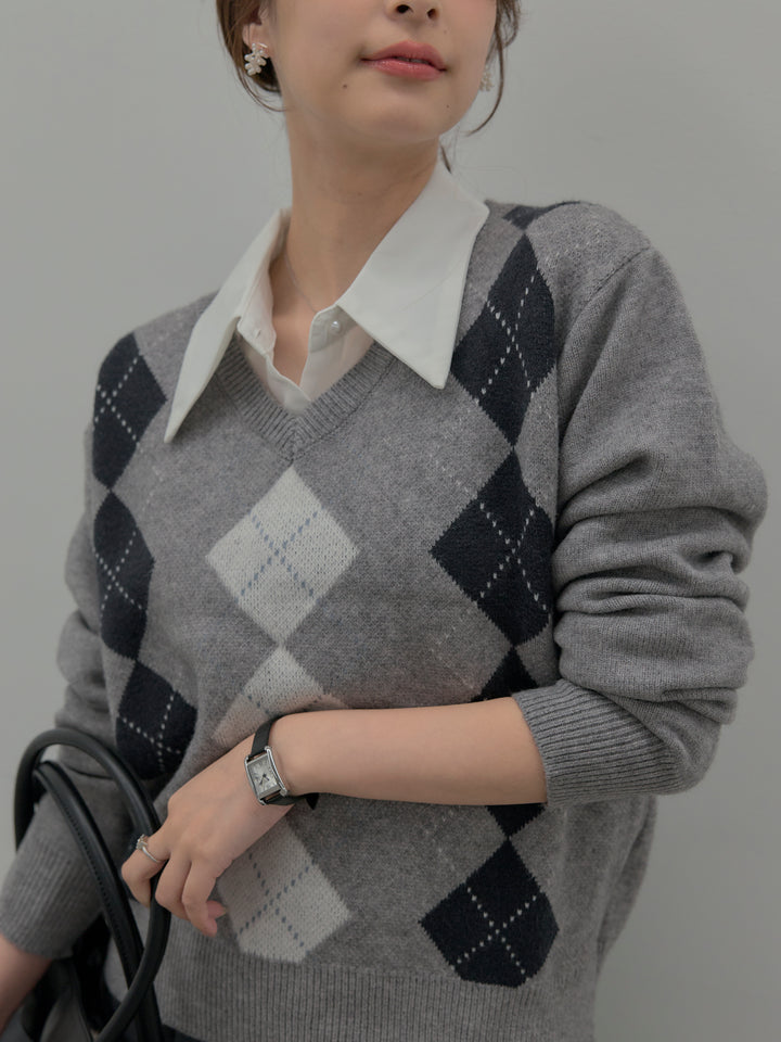 【SET】アーガイル柄Vネックニットプルオーバー+ベルト付きプリーツミニスカート(2set)