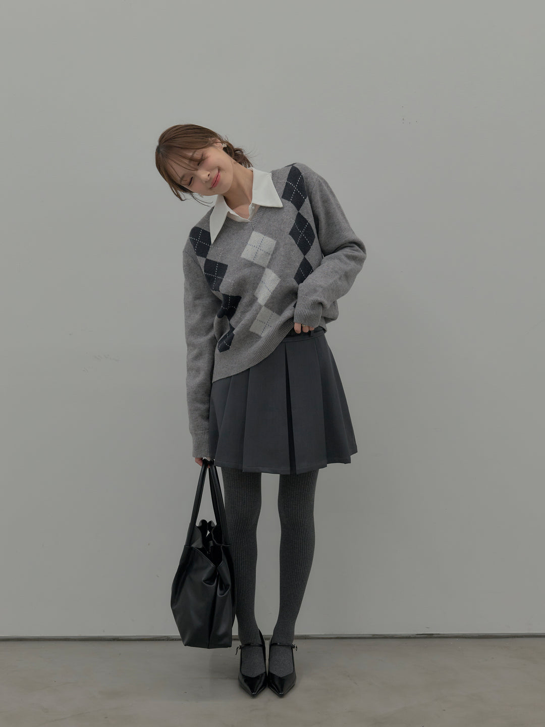 【SET】アーガイル柄Vネックニットプルオーバー+ベルト付きプリーツミニスカート(2set)