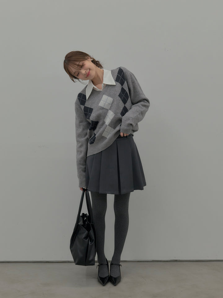 【SET】アーガイル柄Vネックニットプルオーバー+ベルト付きプリーツミニスカート(2set)