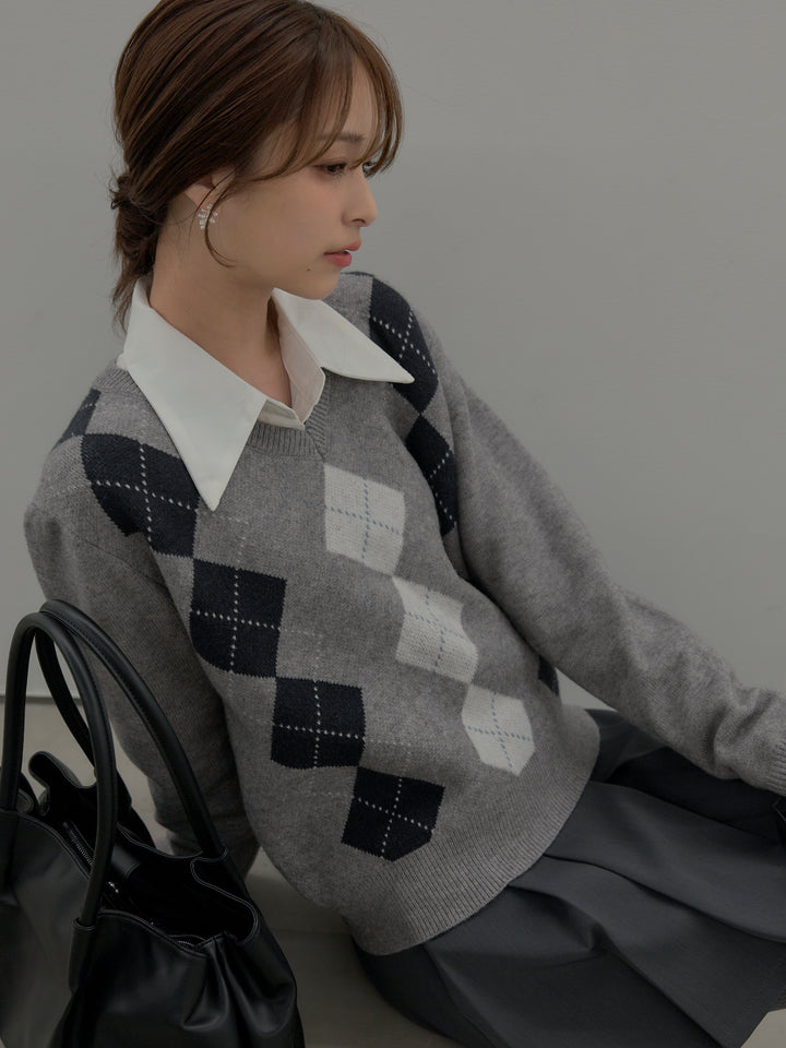 【SET】アーガイル柄Vネックニットプルオーバー+ベルト付きプリーツミニスカート(2set)