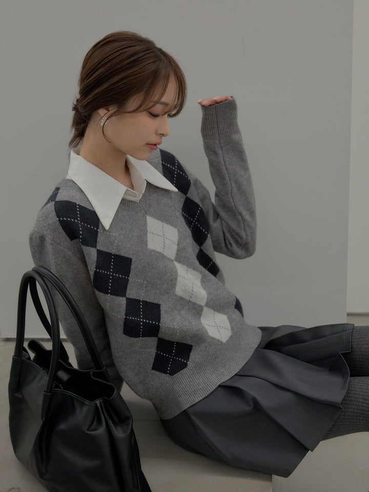 【SET】アーガイル柄Vネックニットプルオーバー+ベルト付きプリーツミニスカート(2set)