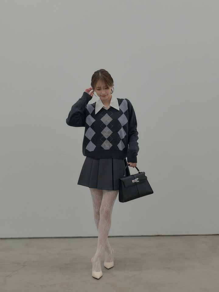 【SET】アーガイル柄Vネックニットプルオーバー+ベルト付きプリーツミニスカート(2set)