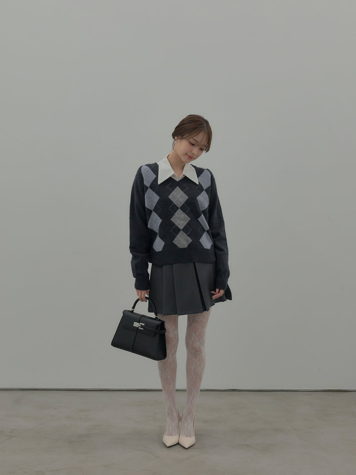 【SET】アーガイル柄Vネックニットプルオーバー+ベルト付きプリーツミニスカート(2set)