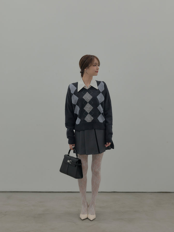 【SET】アーガイル柄Vネックニットプルオーバー+ベルト付きプリーツミニスカート(2set)