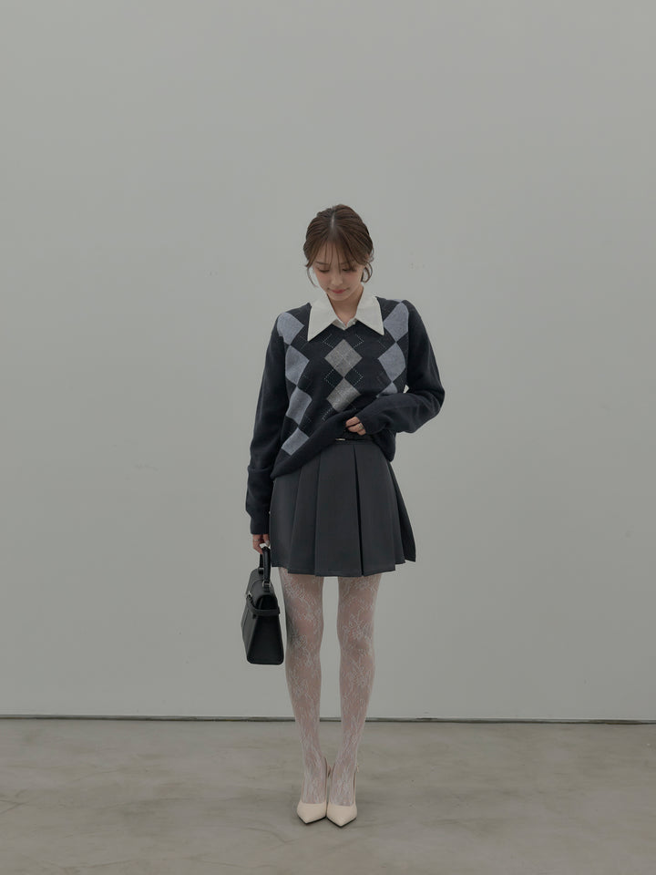 【SET】アーガイル柄Vネックニットプルオーバー+ベルト付きプリーツミニスカート(2set)