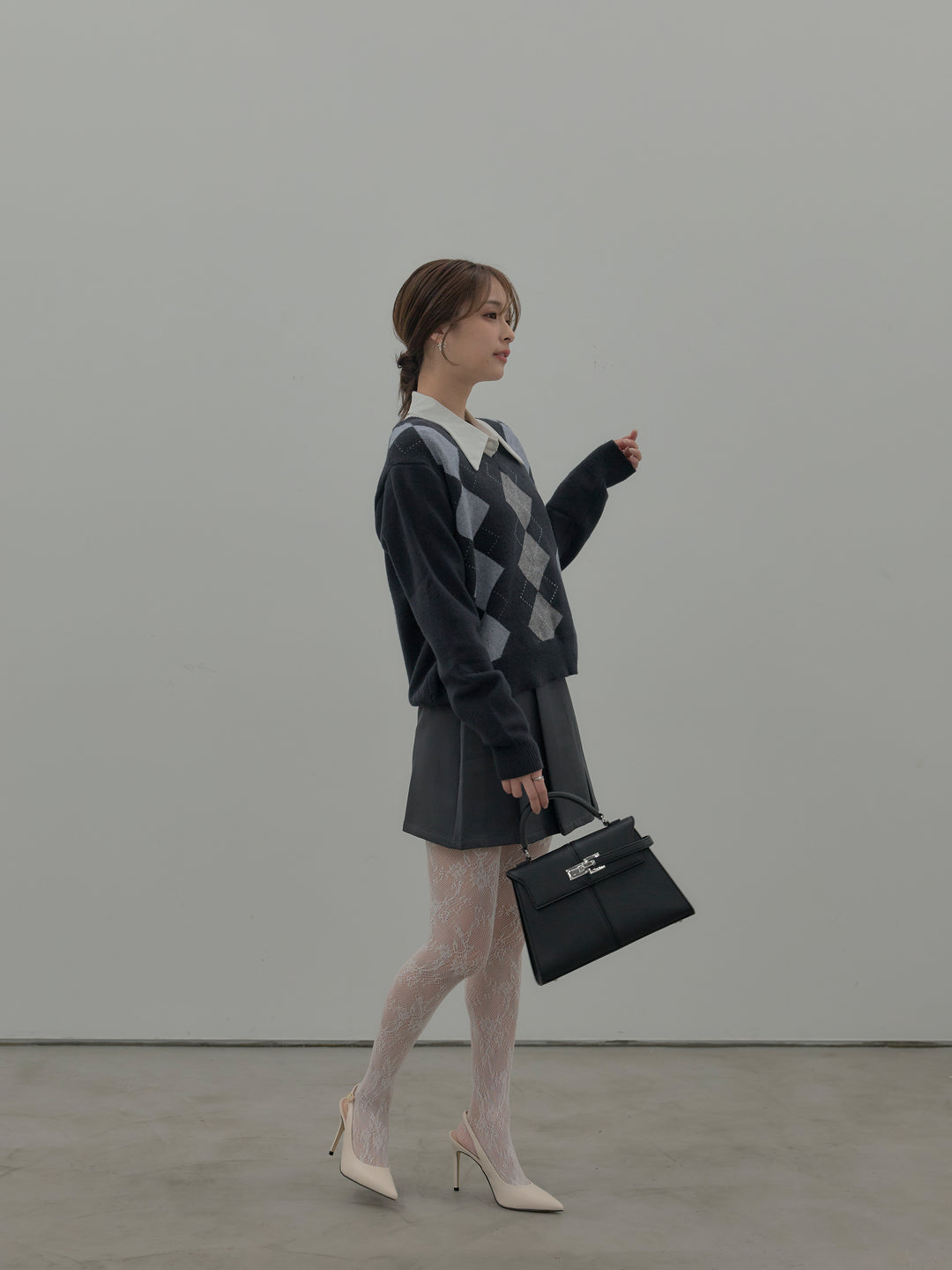 【SET】アーガイル柄Vネックニットプルオーバー+ベルト付きプリーツミニスカート(2set)