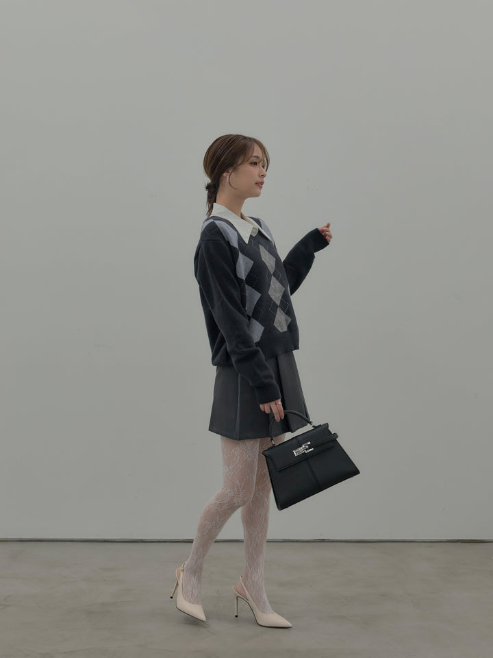 【SET】アーガイル柄Vネックニットプルオーバー+ベルト付きプリーツミニスカート(2set)