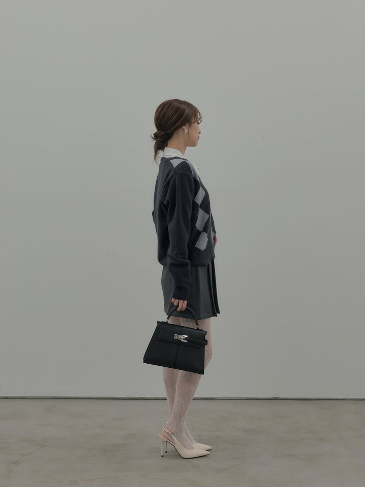 【SET】アーガイル柄Vネックニットプルオーバー+ベルト付きプリーツミニスカート(2set)