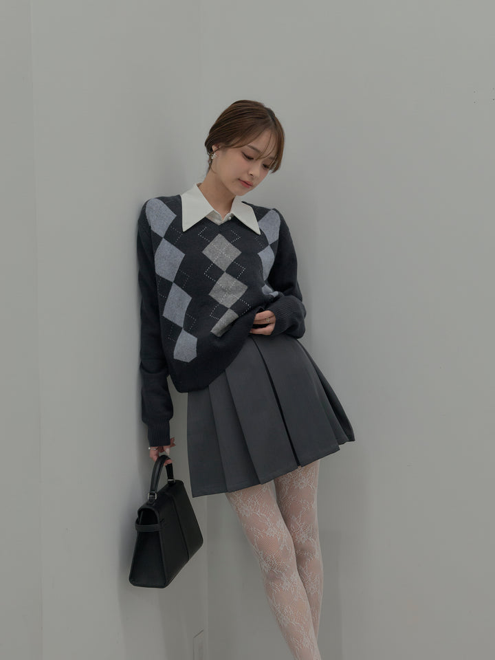 【SET】アーガイル柄Vネックニットプルオーバー+ベルト付きプリーツミニスカート(2set)