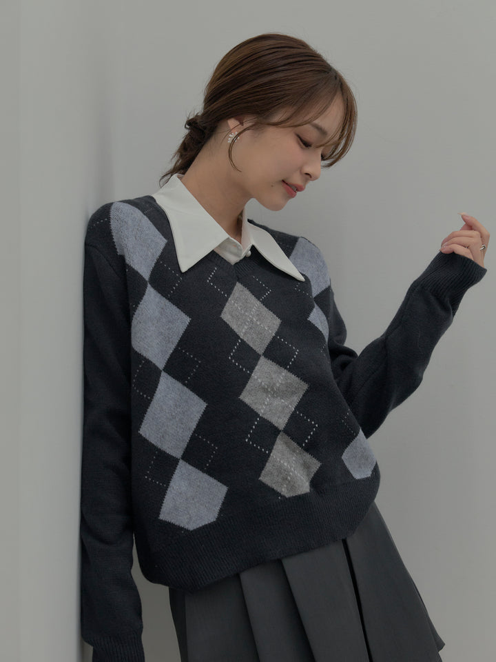 アーガイル柄Vネックニットプルオーバー