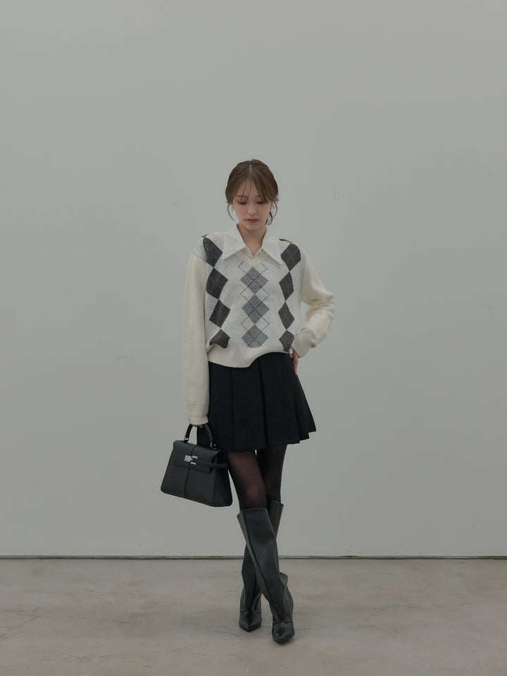 【SET】アーガイル柄Vネックニットプルオーバー+ベルト付きプリーツミニスカート(2set)