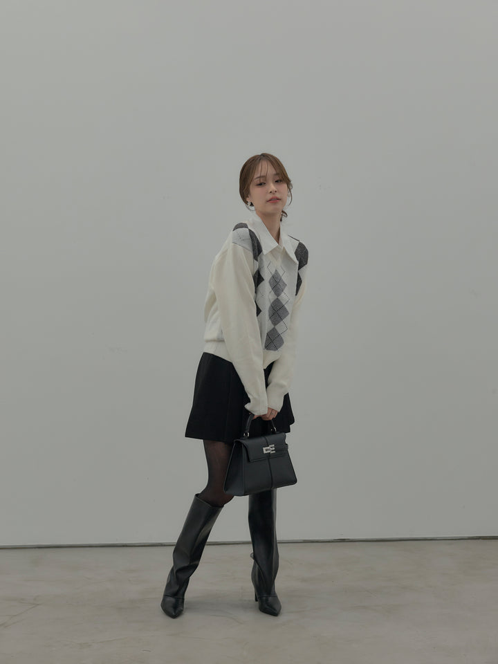 【SET】アーガイル柄Vネックニットプルオーバー+ベルト付きプリーツミニスカート(2set)