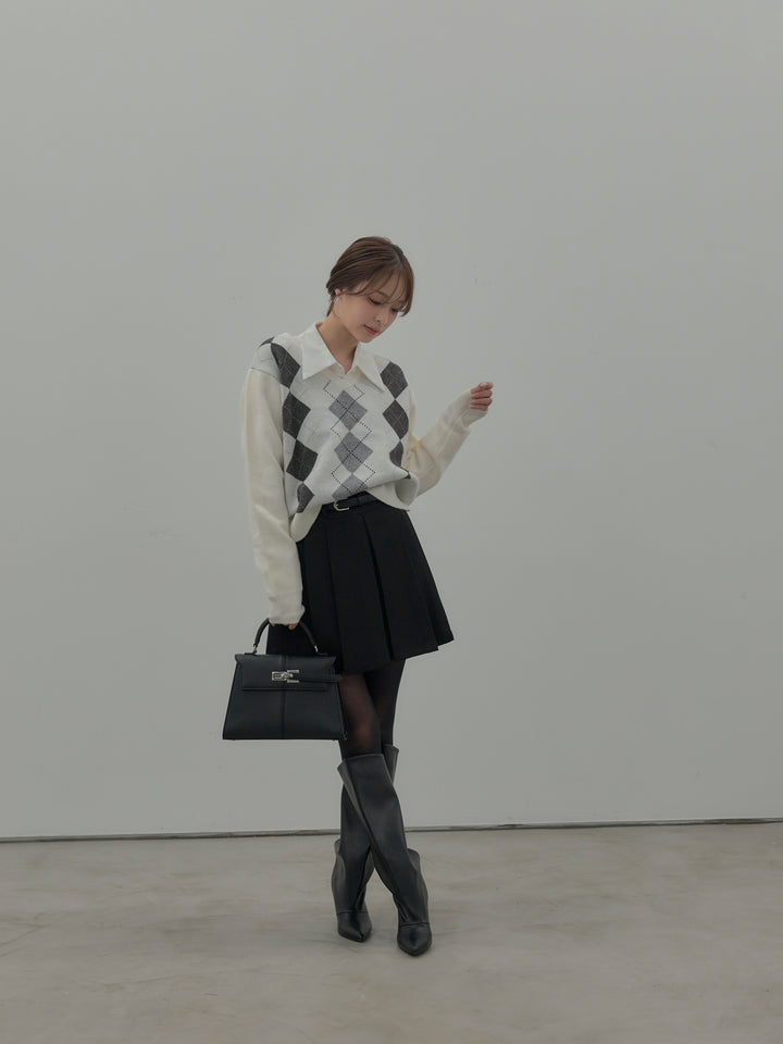 【SET】アーガイル柄Vネックニットプルオーバー+ベルト付きプリーツミニスカート(2set)