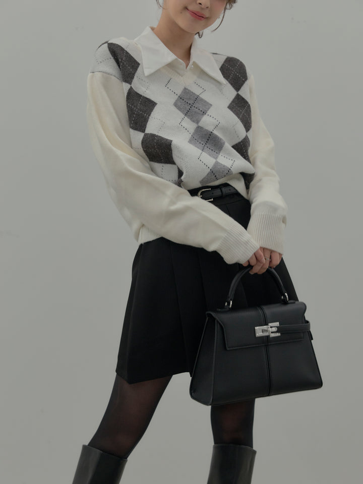 【SET】アーガイル柄Vネックニットプルオーバー+ベルト付きプリーツミニスカート(2set)