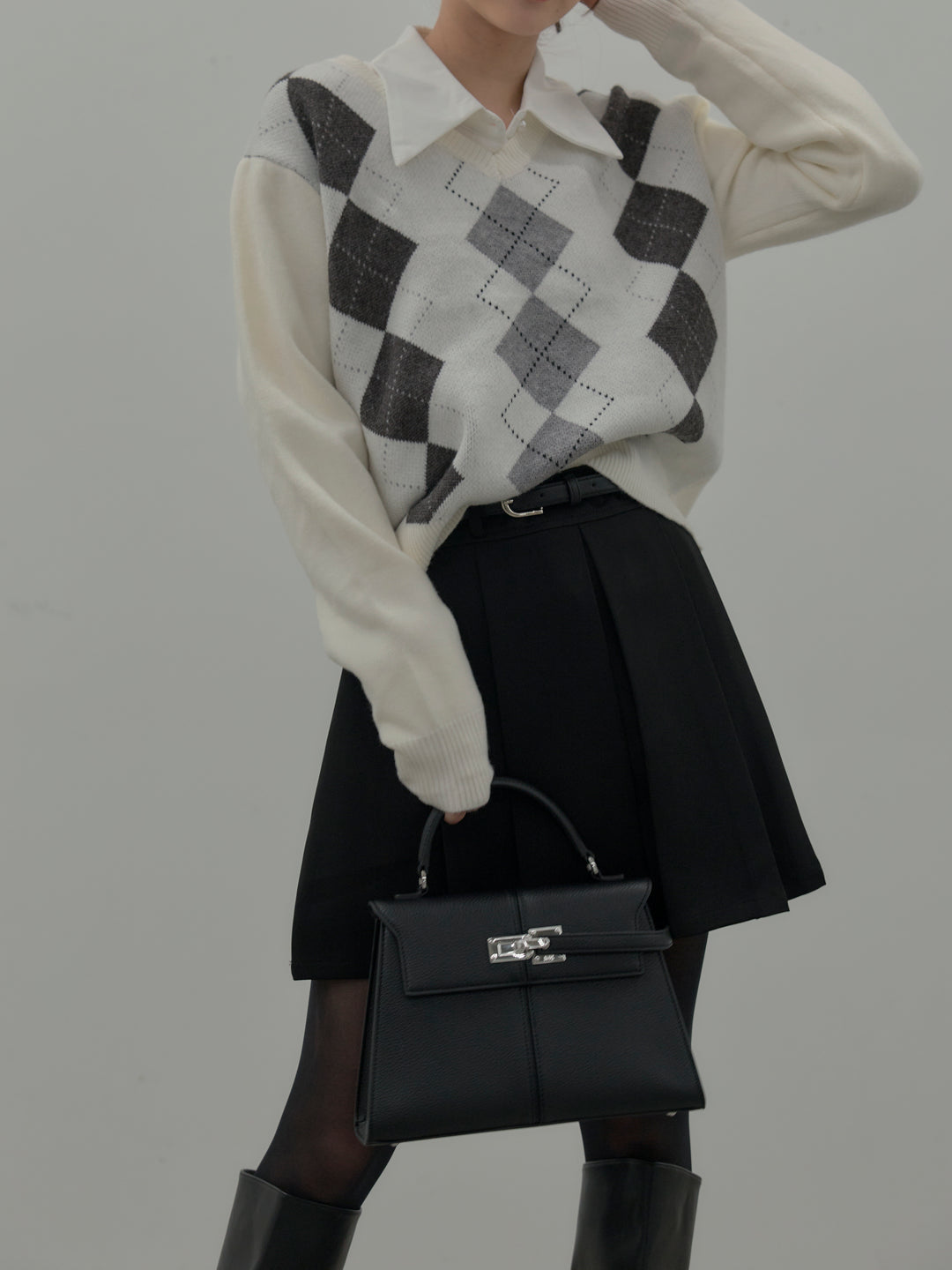 【SET】アーガイル柄Vネックニットプルオーバー+ベルト付きプリーツミニスカート(2set)