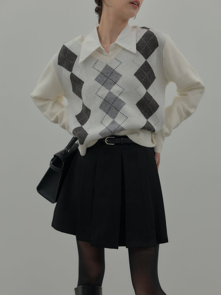 【SET】アーガイル柄Vネックニットプルオーバー+ベルト付きプリーツミニスカート(2set)
