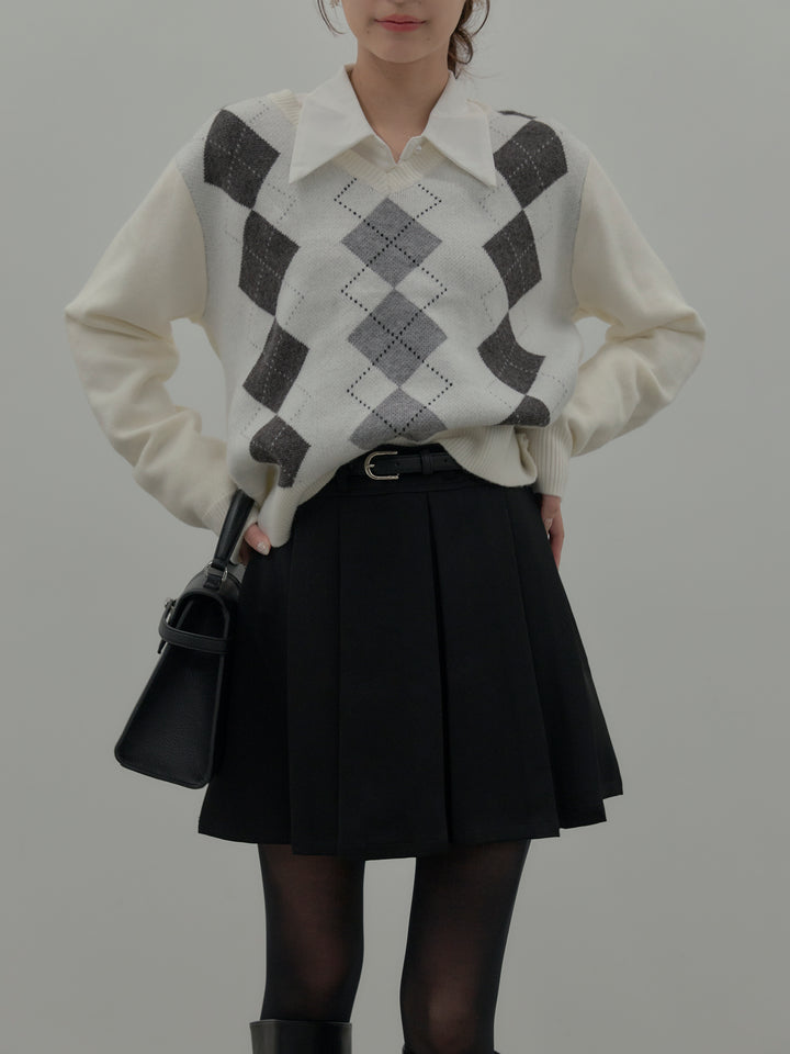 【SET】アーガイル柄Vネックニットプルオーバー+ベルト付きプリーツミニスカート(2set)