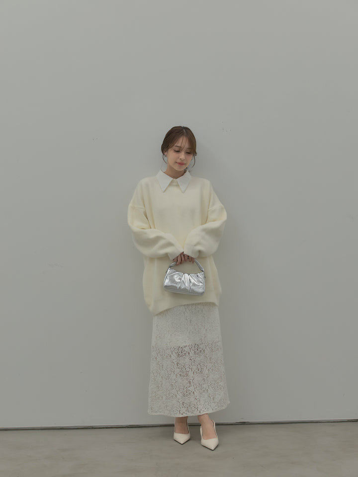 【SET】オーバーサイズニットプルオーバー+パールボタンサテンシャツ+フラワーベロアレースAラインスカート(3set)